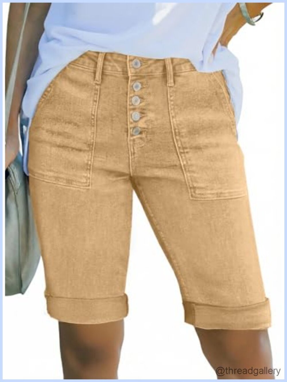 Sidefeel Womens High Waisted Stretchy Jean Shorts Button Fly Folded Hem Bermuda